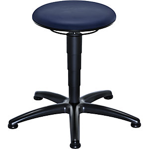 Arbeitshocker mit Gasfeder-Höhenverstellung, Sitz aus blauem Kunstleder, mit Gleitern.