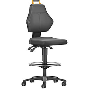 Arbeitsdrehstuhl, schwarz, mit Sitz-Stopp-Rollen und Fußring, PU-Schaumpolster.