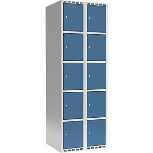 5er-Schließfachschrank Fydor, 2 Abteile, lichtgrau / brillantblau, B 600 mm, 2 Abteile, flache Dachform, Zylinderschloss.