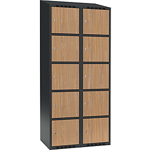 5er-Schließfachschrank Fydor, 2 Abteile, grau / Eiche, B 800 mm, 2 Abteile, schräge Dachform, Zylinderschloss.