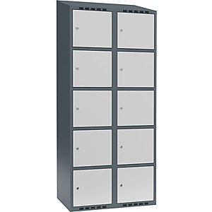 5er-Schließfachschrank Fydor, 2 Abteile, blaugrau / lichtgrau, B 800 mm, 2 Abteile, schräge Dachform, Zylinderschloss.