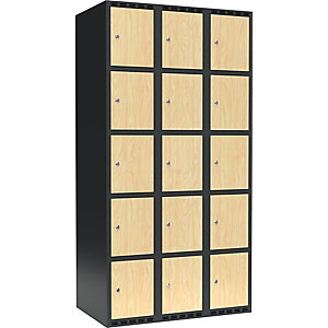 5er-Schließfachschrank Fydor, 3 Abteile, grau / Birke, B 900 mm, 3 Abteile, flache Dachform, Zylinderschloss.