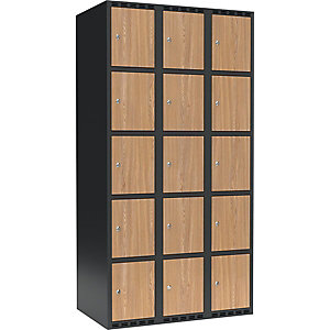 5er-Schließfachschrank Fydor, 3 Abteile, grau / Eiche, B 900 mm, 3 Abteile, flache Dachform, Zylinderschloss.