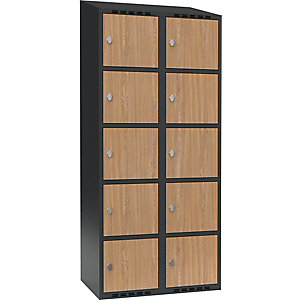 5er-Schließfachschrank Fydor, 2 Abteile, grau / Eiche, B 800 mm, 2 Abteile, schräge Dachform, Vorhängeschloss.