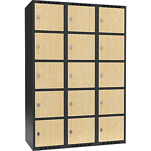 5er-Schließfachschrank Fydor, 3 Abteile, grau / Birke, B 1200 mm, 3 Abteile, flache Dachform, Vorhängeschloss.