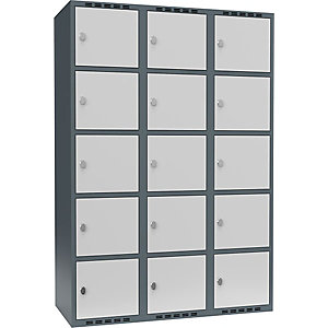 5er-Schließfachschrank Fydor, 3 Abteile, blaugrau / lichtgrau, B 1200 mm, 3 Abteile, flache Dachform, Vorhängeschloss.