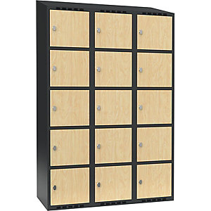 5er-Schließfachschrank Fydor, 3 Abteile, grau / Birke, B 1200 mm, 3 Abteile, schräge Dachform, Vorhängeschloss.