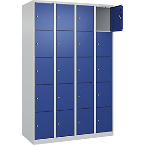5er-Schließfachschrank Evolo PLUS, 4 Abteile, lichtgrau / enzianblau, B 1200 mm, 20 Fächer, mit Bodengleitern, Zylinderschloss.