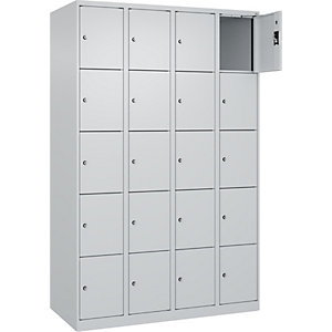 5er-Schließfachschrank Evolo PLUS, 4 Abteile, lichtgrau, B 1200 mm, 20 Fächer, mit Bodengleitern, Zylinderschloss.