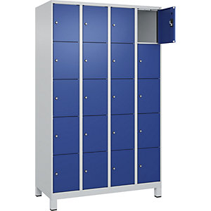 5er-Schließfachschrank Evolo PLUS, 4 Abteile, lichtgrau / enzianblau, B 1200 mm, 20 Fächer, mit breiten Füßen, Zylinderschloss.