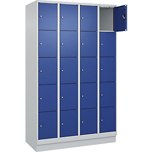 5er-Schließfachschrank Evolo PLUS, 4 Abteile, lichtgrau / enzianblau, B 1200 mm, 20 Fächer, mit Bodensockel, Zylinderschloss.