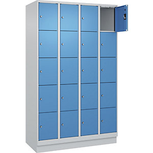 5er-Schließfachschrank Evolo PLUS, 4 Abteile, lichtgrau / lichtblau, B 1200 mm, 20 Fächer, mit Bodensockel, Zylinderschloss.