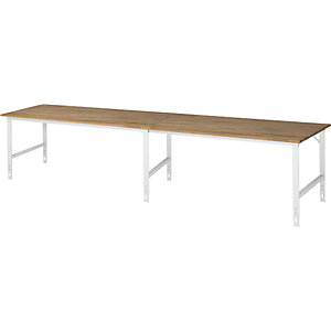 Arbeitstisch, höhenverstellbar, Gestell 60 x 30 mm, Buchenplatte massiv, BxT 4000 x 1000 mm, lichtgrau.