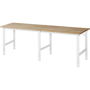 Arbeitstisch, höhenverstellbar, Gestell 60 x 30 mm, Buchenplatte massiv, BxT 2500 x 800 mm, lichtgrau.