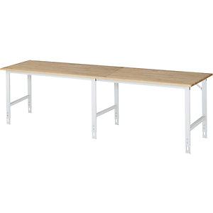 Arbeitstisch, höhenverstellbar, Gestell 60 x 30 mm, Buchenplatte massiv, BxT 3000 x 800 mm, lichtgrau.