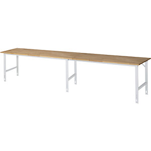 Arbeitstisch, höhenverstellbar, Gestell 60 x 30 mm, Buchenplatte massiv, BxT 4000 x 800 mm, lichtgrau.