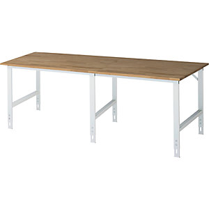 Arbeitstisch, höhenverstellbar, Gestell 60 x 30 mm, Buchenplatte massiv, BxT 2500 x 1000 mm, lichtgrau.