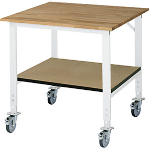 Arbeitstisch mit Ablageboden, fahrbar, Bucheplatte, Stärke 25 mm, BxT 1000 x 1000 mm.