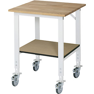 Arbeitstisch mit Ablageboden, fahrbar, Bucheplatte, Stärke 25 mm, BxT 750 x 800 mm.