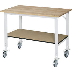 Arbeitstisch mit Ablageboden, fahrbar, Bucheplatte, Stärke 25 mm, BxT 1250 x 800 mm.