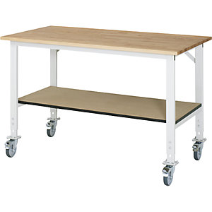 Arbeitstisch mit Ablageboden, fahrbar, Bucheplatte, Stärke 25 mm, BxT 1500 x 800 mm.