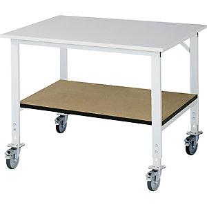 Arbeitstisch mit Ablageboden, fahrbar, melaminbeschichtete Platte, Stärke 22 mm, BxT 1250 x 1000 mm.