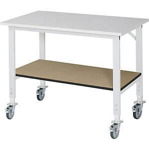 Arbeitstisch mit Ablageboden, fahrbar, melaminbeschichtete Platte, Stärke 22 mm, BxT 1250 x 800 mm.