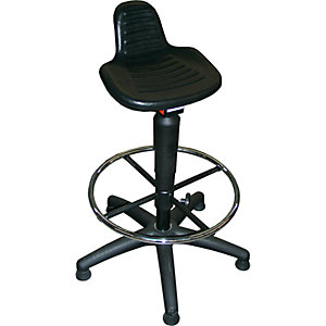 Arbeitshocker, Sitz aus PU-Schaum, mit Bodengleitern und Fußring.