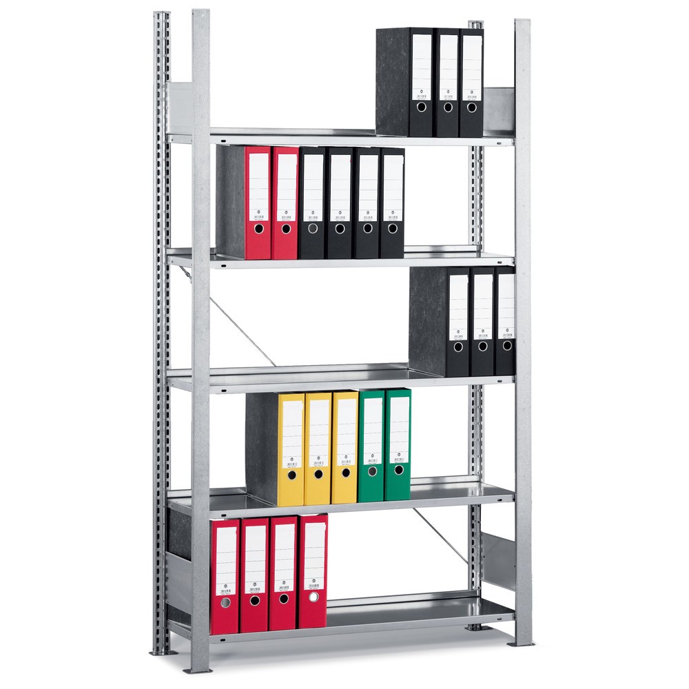 META Aktenregal Grundfeld, einseitig, ohne Abdeckboden, Fachlast 80 kg, lichtgrau
